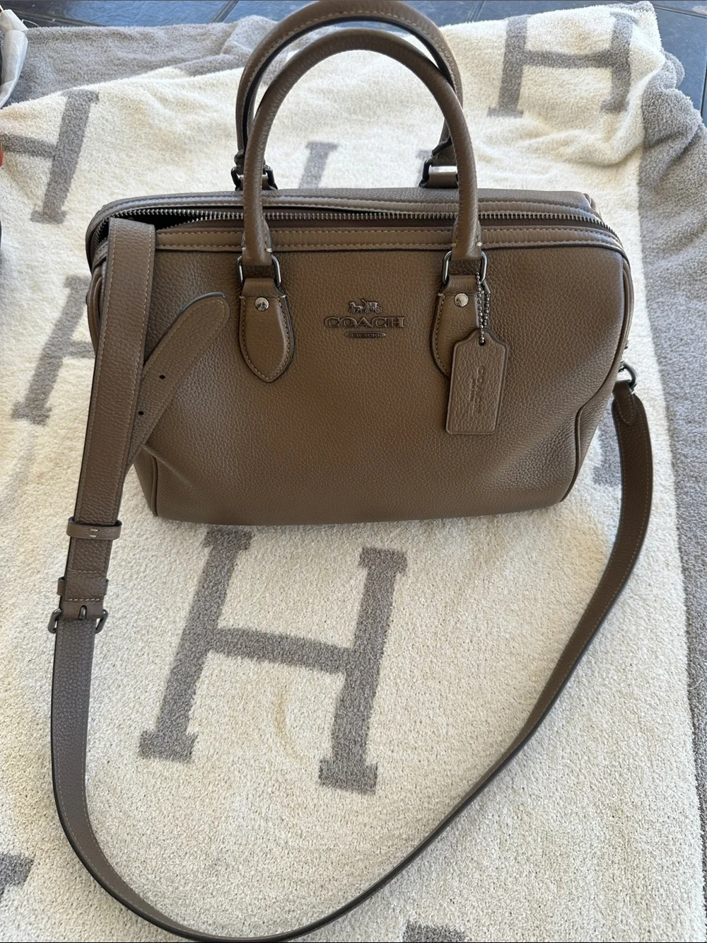 Coach Taupe Leather Messenger Satchel with Adjustable Strap